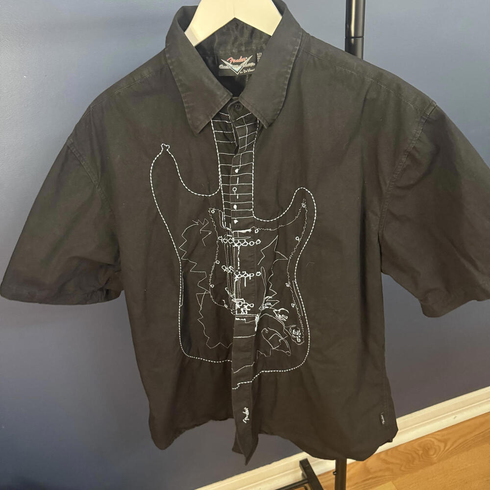 Fender Guitar, Short Sleeve Button Up Shirt, Black, Mens XL